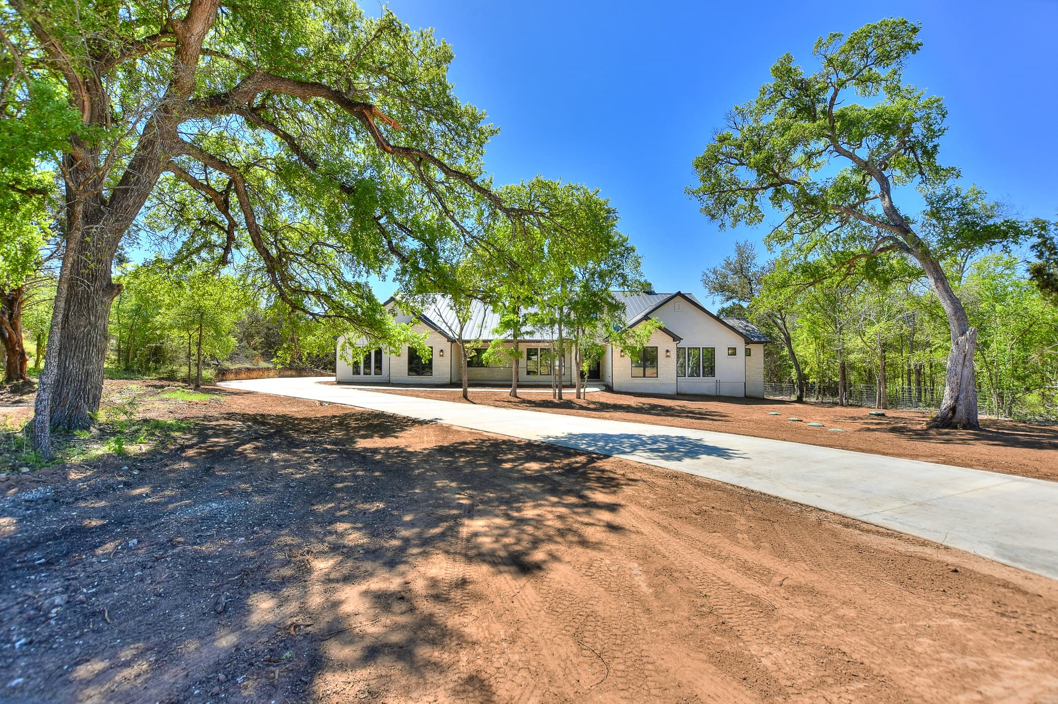 Single-story white farmhouse-style home with a metal roof beyond a concrete drive and mature oaks