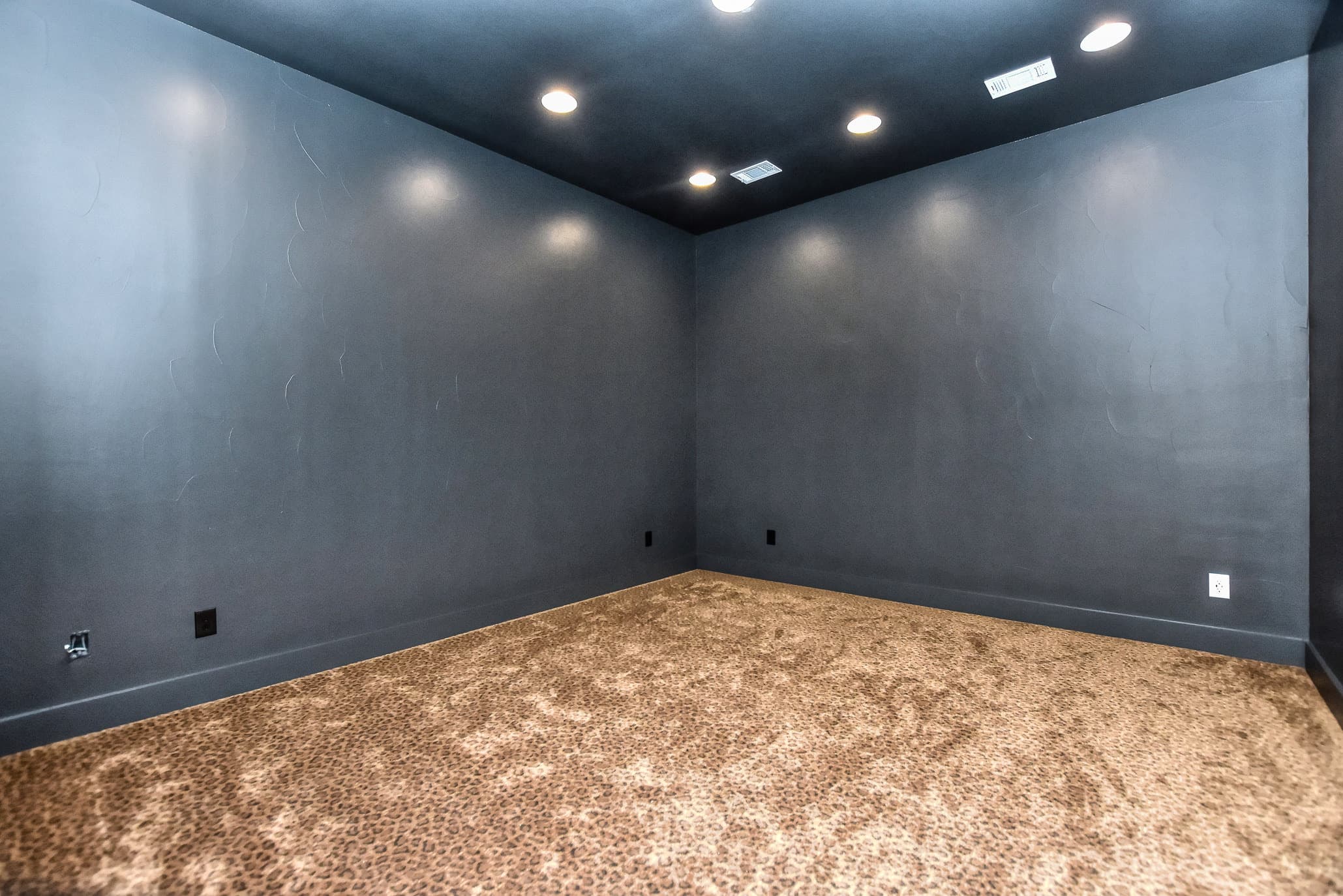 Media room with dark slate-blue walls and ceiling, recessed lights and carpet