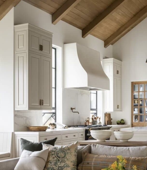 Custom kitchen with vaulted wood ceiling